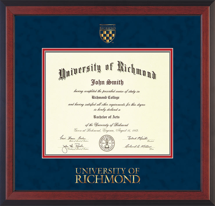 Image of University of Richmond Diploma Frame - Cherry Reverse - w/Embossed Seal & Wordmark - Navy Suede on Red mats