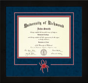 Image of University of Richmond Diploma Frame - Flat Matte Black - 3D Laser Spider Logo Cutout - Navy Suede on Red mat