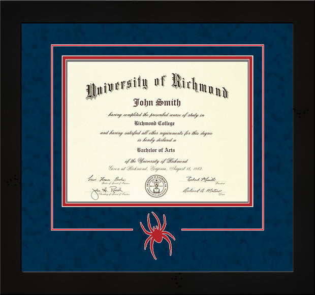 Image of University of Richmond Diploma Frame - Flat Matte Black - 3D Laser Spider Logo Cutout - Navy Suede on Red mat