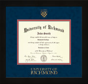 Image of University of Richmond Diploma Frame - Flat Matte Black - w/Embossed Seal & Wordmark - Navy Suede on Red mats