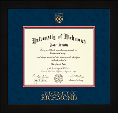 Image of University of Richmond Diploma Frame - Flat Matte Black - w/Embossed Seal & Wordmark - Navy Suede on Red mats