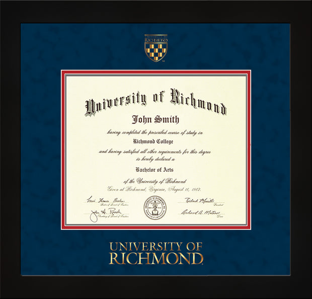 Image of University of Richmond Diploma Frame - Flat Matte Black - w/Embossed Seal & Wordmark - Navy Suede on Red mats