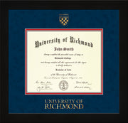 Image of University of Richmond Diploma Frame - Flat Matte Black - w/Embossed Seal & Wordmark - Navy Suede on Red mats