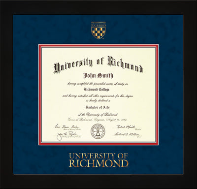 Image of University of Richmond Diploma Frame - Flat Matte Black - w/Embossed Seal & Wordmark - Navy Suede on Red mats