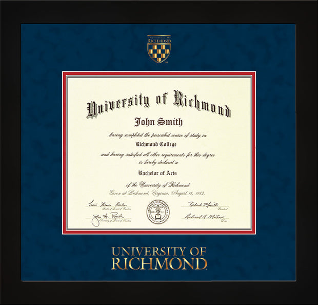 Image of University of Richmond Diploma Frame - Flat Matte Black - w/Embossed Seal & Wordmark - Navy Suede on Red mats