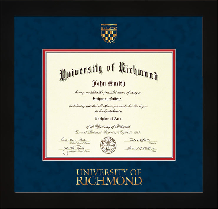 Image of University of Richmond Diploma Frame - Flat Matte Black - w/Embossed Seal & Wordmark - Navy Suede on Red mats