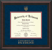 Image of University of Richmond Diploma Frame - Mahogany Braid - w/Embossed Seal & Wordmark - Navy Suede on Red mats