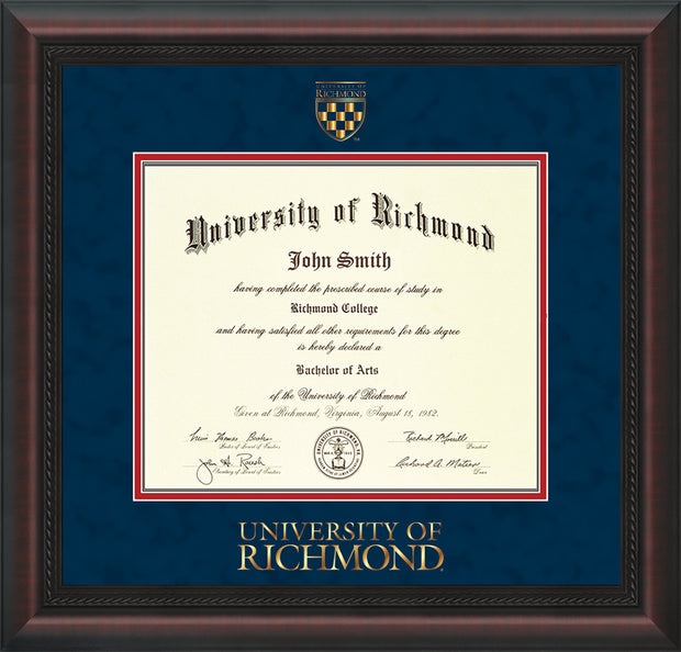 Image of University of Richmond Diploma Frame - Mahogany Braid - w/Embossed Seal & Wordmark - Navy Suede on Red mats