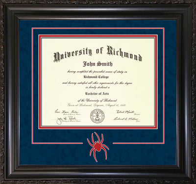 Image of University of Richmond Diploma Frame - Vintage Black Scoop - 3D Laser Spider Logo Cutout - Navy Suede on Red mat