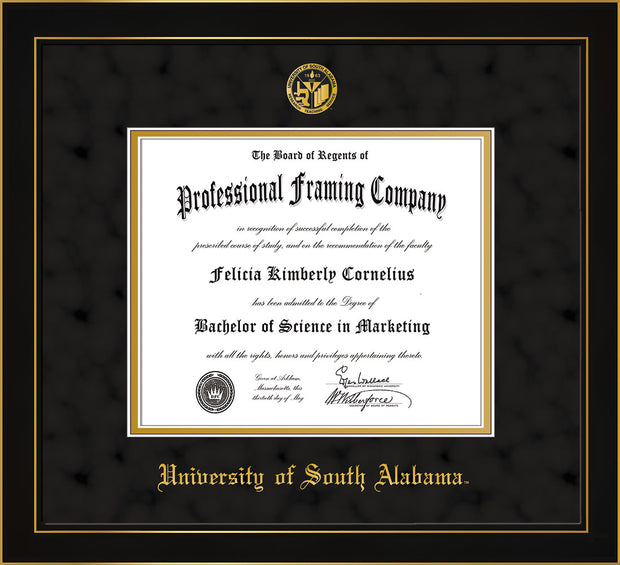 Image of University of South Alabama Diploma Frame - Honors Black Satin - w/USA Embossed Seal & Name - Black Suede on Gold mats