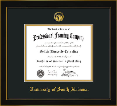 Image of University of South Alabama Diploma Frame - Honors Black Satin - w/USA Embossed Seal & Name - Black on Gold mats