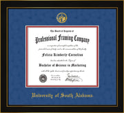 Image of University of South Alabama Diploma Frame - Honors Black Satin - w/USA Embossed Seal & Name - Royal Blue Suede on Crimson mats