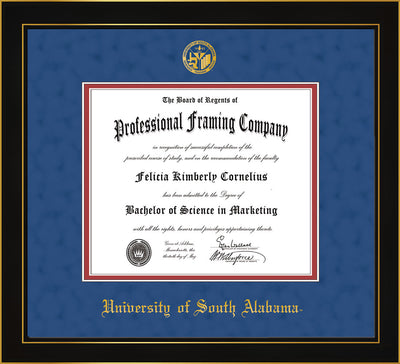 Image of University of South Alabama Diploma Frame - Honors Black Satin - w/USA Embossed Seal & Name - Royal Blue Suede on Crimson mats