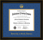 Image of University of South Alabama Diploma Frame - Honors Black Satin - w/USA Embossed Seal & Name - Royal Blue Suede on Gold mats