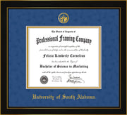Image of University of South Alabama Diploma Frame - Honors Black Satin - w/USA Embossed Seal & Name - Royal Blue Suede on Gold mats