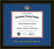 Image of University of South Alabama Diploma Frame - Honors Black Satin - w/USA Embossed Seal & Name - Royal Blue on Crimson mats
