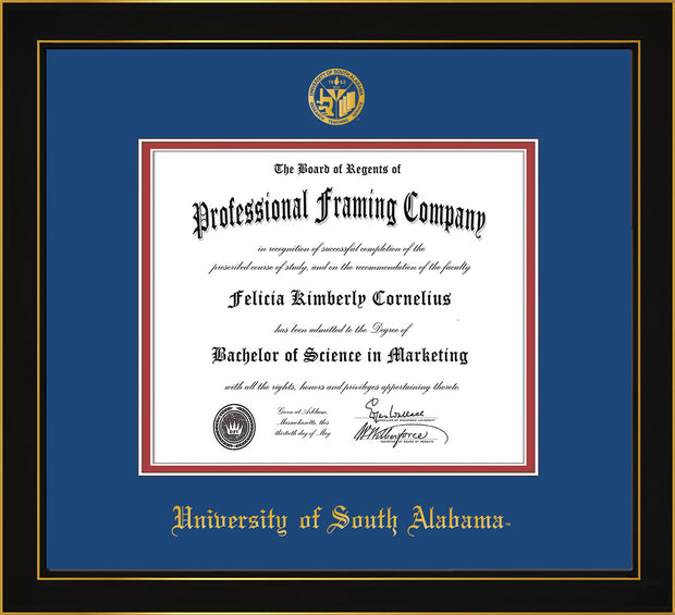 Image of University of South Alabama Diploma Frame - Honors Black Satin - w/USA Embossed Seal & Name - Royal Blue on Crimson mats