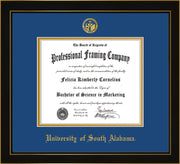 Image of University of South Alabama Diploma Frame - Honors Black Satin - w/USA Embossed Seal & Name - Royal Blue on Gold mats