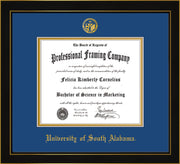 Image of University of South Alabama Diploma Frame - Honors Black Satin - w/USA Embossed Seal & Name - Royal Blue on Gold mats