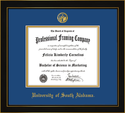 Image of University of South Alabama Diploma Frame - Honors Black Satin - w/USA Embossed Seal & Name - Royal Blue on Gold mats