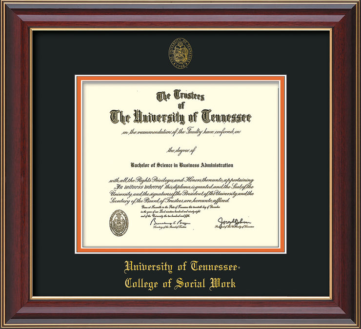 Image of University of Tennessee Diploma Frame - Cherry Lacquer - w/Embossed Seal & College of Social Work Name - Black on Orange 
