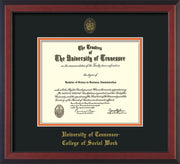 Image of University of Tennessee Diploma Frame - Cherry Reverse - w/Embossed Seal & College of Social Work Name - Black on Orange Mat