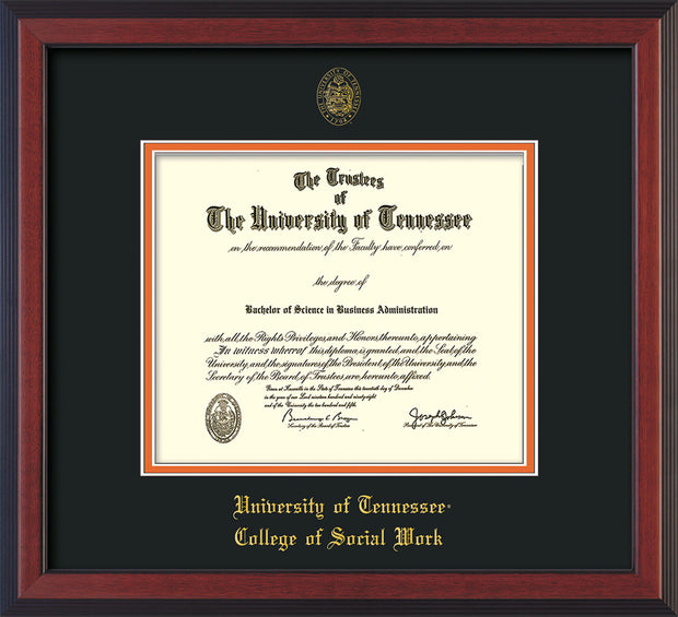 Image of University of Tennessee Diploma Frame - Cherry Reverse - w/Embossed Seal & College of Social Work Name - Black on Orange Mat