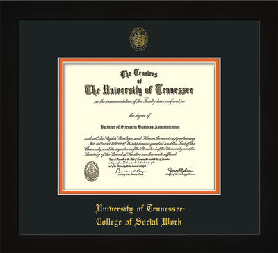 Image of University of Tennessee Diploma Frame - Flat Matte Black - w/Embossed Seal & College of Social Work Name - Black on Orange Mat