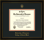 Image of University of Tennessee Diploma Frame - Honors Black Satin - w/Embossed Seal & College of Social Work Name - Black on Orange Mat