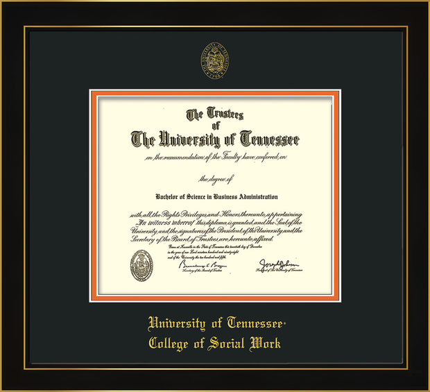 Image of University of Tennessee Diploma Frame - Honors Black Satin - w/Embossed Seal & College of Social Work Name - Black on Orange Mat