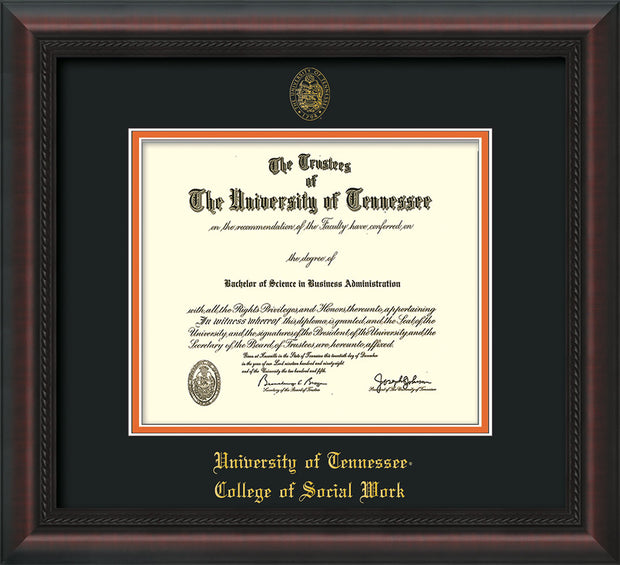 Image of University of Tennessee Diploma Frame - Mahogany Braid - w/Embossed Seal & College of Social Work Name - Black on Orange Mat