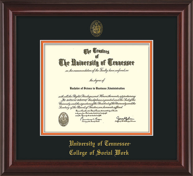 Image of University of Tennessee Diploma Frame - Mahogany Lacquer - w/Embossed Seal & College of Social Work Name - Black on Orange Mat