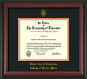 Image of University of Tennessee Diploma Frame - Rosewood - w/Embossed Seal & College of Social Work Name - Black on Orange Mat