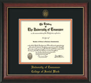 Image of University of Tennessee Diploma Frame - Rosewood with Gold Lip - w/Embossed Seal & College of Social Work Name - Black on Orange Mat