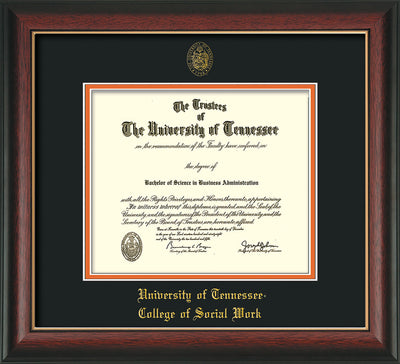 Image of University of Tennessee Diploma Frame - Rosewood with Gold Lip - w/Embossed Seal & College of Social Work Name - Black on Orange Mat