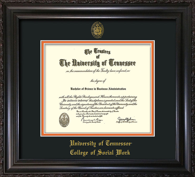 Image of University of Tennessee Diploma Frame - Vintage Black Scoop - w/Embossed Seal & College of Social Work Name - Black on Orange Mat