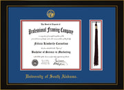 Image of Image of University of South Alabama Diploma Frame - Honors Black Satin - w/USA Embossed Seal & Name - Tassel Holder - Royal Blue on Crimson mats