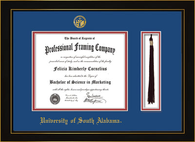 Image of Image of University of South Alabama Diploma Frame - Honors Black Satin - w/USA Embossed Seal & Name - Tassel Holder - Royal Blue on Crimson mats