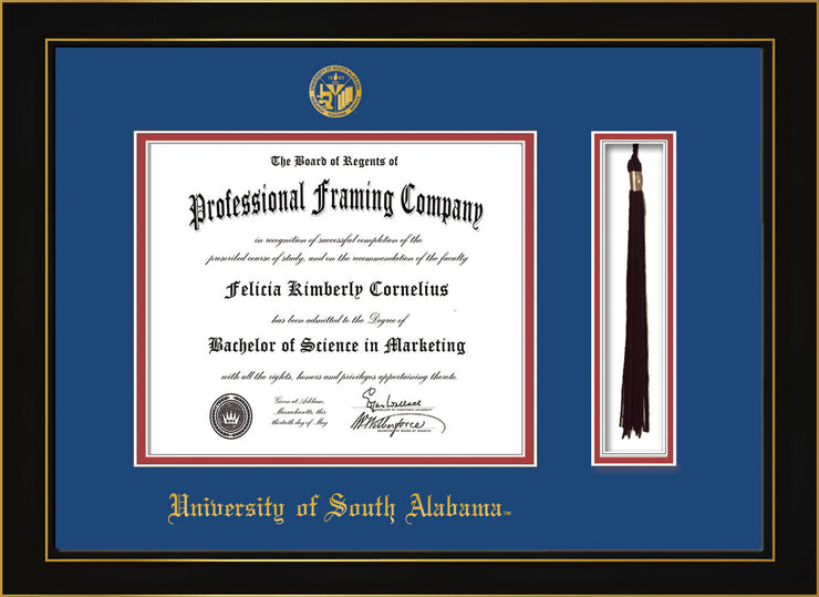 Image of Image of University of South Alabama Diploma Frame - Honors Black Satin - w/USA Embossed Seal & Name - Tassel Holder - Royal Blue on Crimson mats