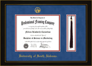 Image of University of South Alabama Diploma Frame - Honors Black Satin - w/USA Embossed Seal & Name - Tassel Holder - Royal Blue Suede on Crimson mats