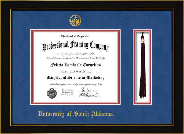 Image of University of South Alabama Diploma Frame - Honors Black Satin - w/USA Embossed Seal & Name - Tassel Holder - Royal Blue Suede on Crimson mats