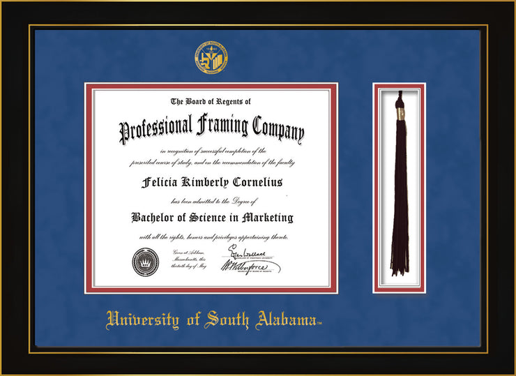 Image of University of South Alabama Diploma Frame - Honors Black Satin - w/USA Embossed Seal & Name - Tassel Holder - Royal Blue Suede on Crimson mats
