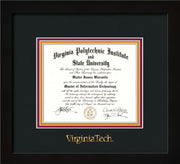 Image of Virginia Tech Diploma Frame - Flat Matte Black - w/Embossed VT Wordmark Only - Black on Maroon on Orange mat