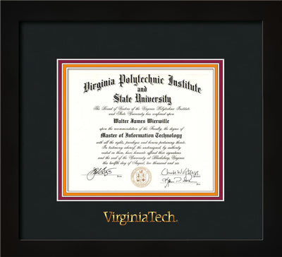 Image of Virginia Tech Diploma Frame - Flat Matte Black - w/Embossed VT Wordmark Only - Black on Maroon on Orange mat