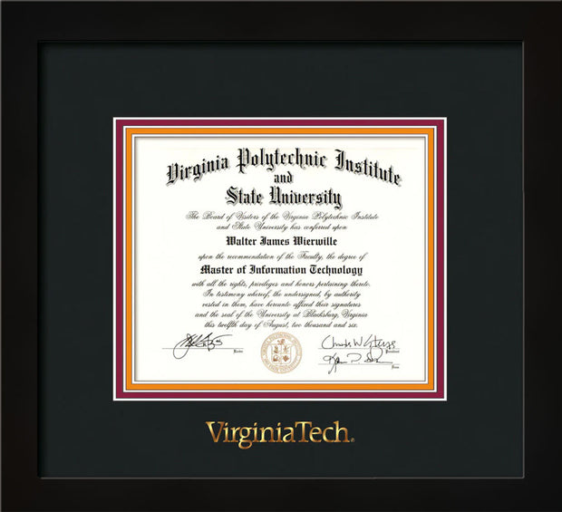 Image of Virginia Tech Diploma Frame - Flat Matte Black - w/Embossed VT Wordmark Only - Black on Maroon on Orange mat