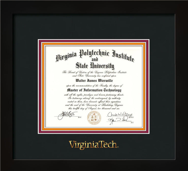 Image of Virginia Tech Diploma Frame - Flat Matte Black - w/Embossed VT Wordmark Only - Black on Maroon on Orange mat