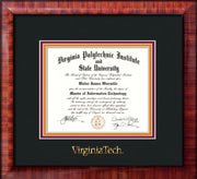 Image of Virginia Tech Diploma Frame - Mezzo Gloss - w/Embossed VT Wordmark Only - Black on Maroon on Orange mat
