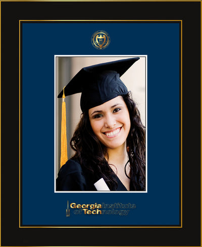 Image of Georgia Tech 5 x 7 Photo Frame - Honors Black Satin - w/Official Embossing of GT Seal & Wordmark - Single Navy mat