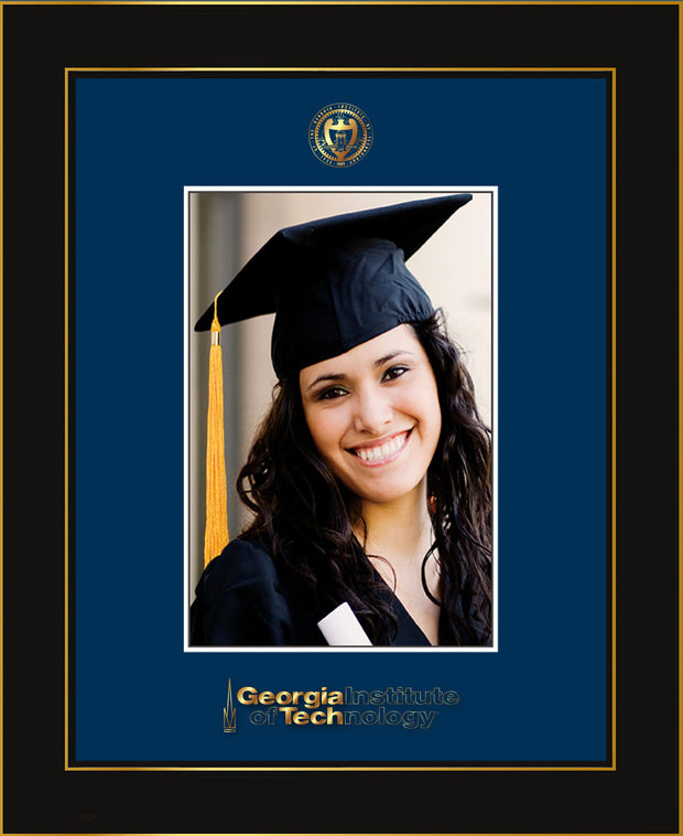 Image of Georgia Tech 5 x 7 Photo Frame - Honors Black Satin - w/Official Embossing of GT Seal & Wordmark - Single Navy mat