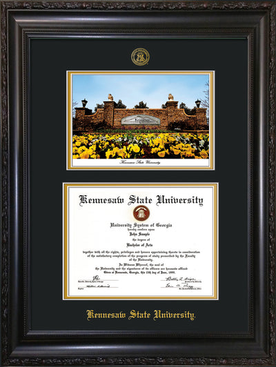 Image of Kennesaw State University Diploma Frame - Vintage Black Scoop - with KSU Seal - Campus Watercolor - Black on Gold mat